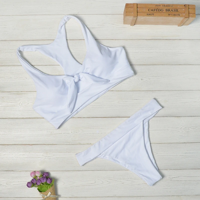 

2021 Women's Swimsuit Halter Chest Hollow Pure White Sexy Bikini Two-piece Split Swimsuit Triangle Ligation Push-up Wading Suit