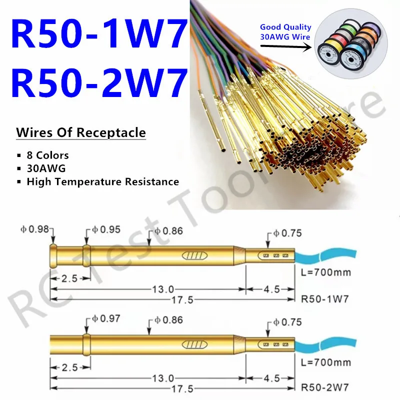 

Socket R50-2W7 Length 17.5mm Spring Test Probe Receptacle Bare PCB Pogo Pin Pre-wired wire 30AWG High temperature resistant wire