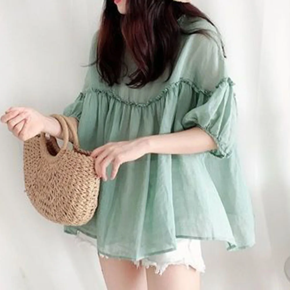 

Blouse Switching Round Neck Plain Ladies Fashion Five-quarter Sleeve Medium-long Shirt 2021 New Solid Color Fresh Japanese