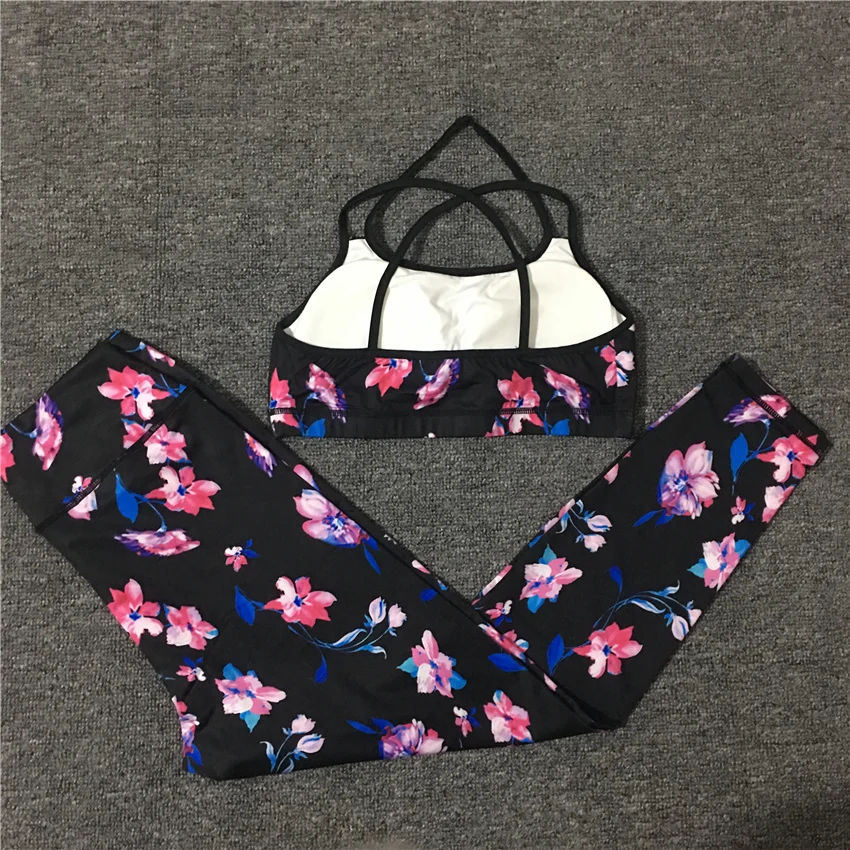 

2021 Floral Female Pad Yoga Sets High Waist Leggings Tracksuit Workout GymWear Running Ensemble Women Sport Athlete Fitness Suit