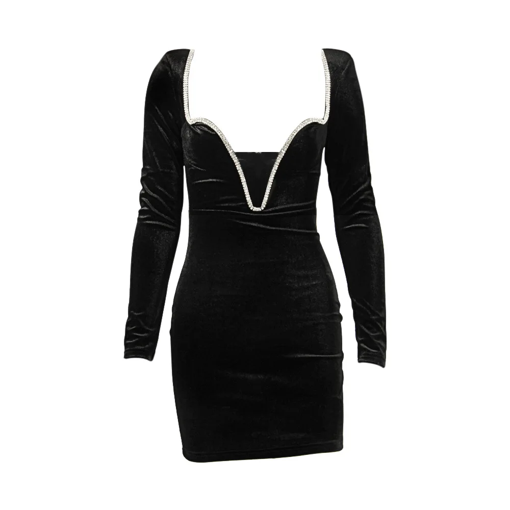 

Women's Velvet Crystal Sexy Deep V Long Sleeve Bodycon Mini Dress Club Party Wear