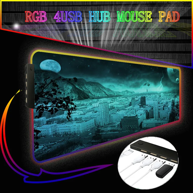 

City Scenery LED Light Gaming Mouse Pad RGB 4 Port USB Hub Large Keyboard Rubber Base Computer Carpet Desk Mat PC Game MousePad