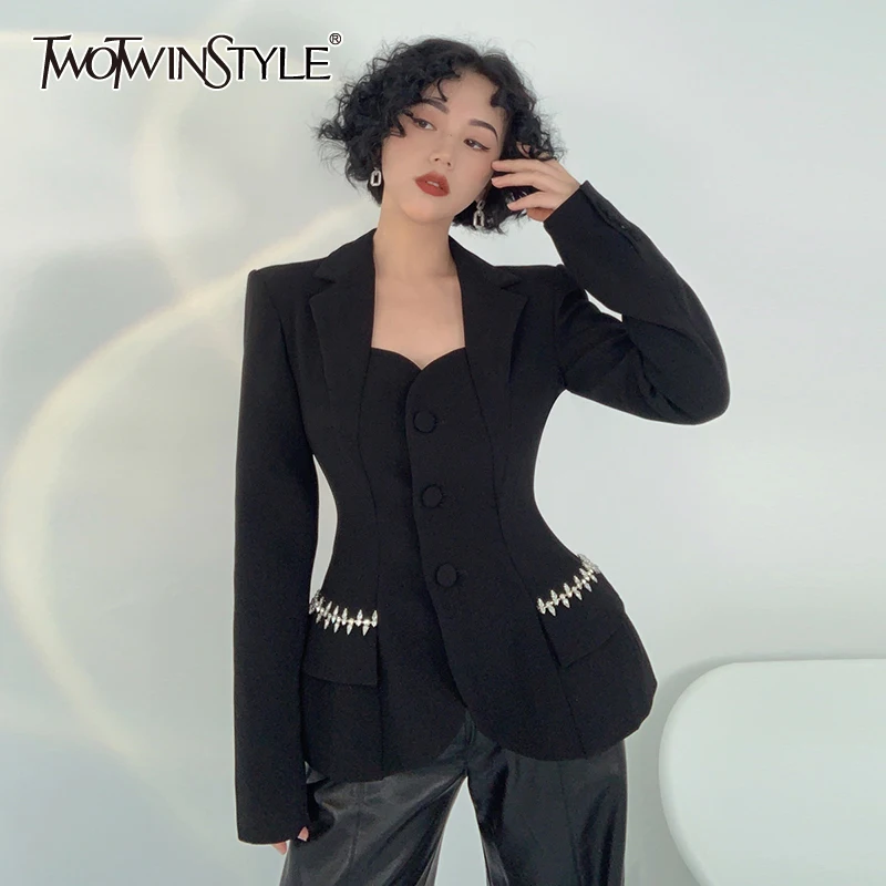 TWOTWINSTYLE Casual Solid Cut Out Slim Patchwork Diamonds Coat Female Notched Long Sleeve Gathered Waist Blazer For Women Autumn