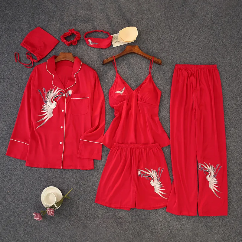 

Crane Printed 4PCS Pajamas Set Sexy Satin Pyjamas Women Cardigan Nightwear Strap Sleepwear Elastic Waist Pijamas Loungewear Suit