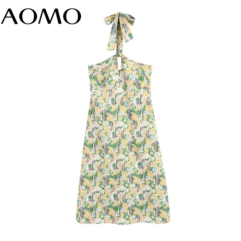

AOMO Fashion Flowers Print Halter Dresses for Women 2021 Back Bow Female Casual Beach Dress CE189A