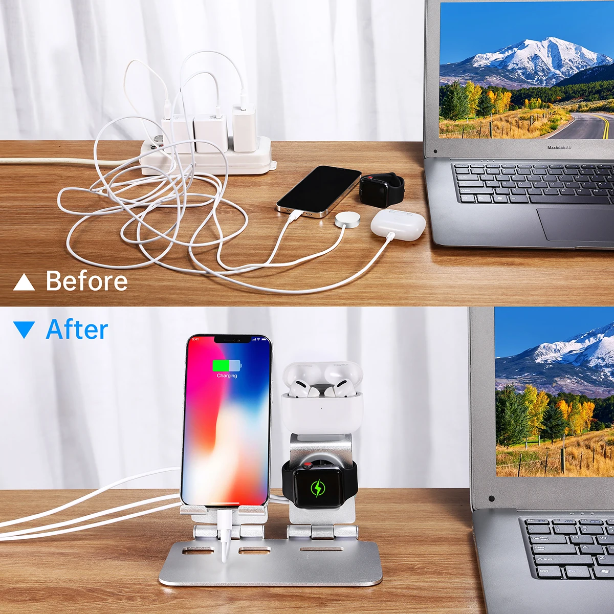 

3 in 1 Alloy Desktop Phone Charger Dock Holder For AirPods 1/2 Pro Apple iWatch Stand For All iPhone iPad Android Phone Tablet