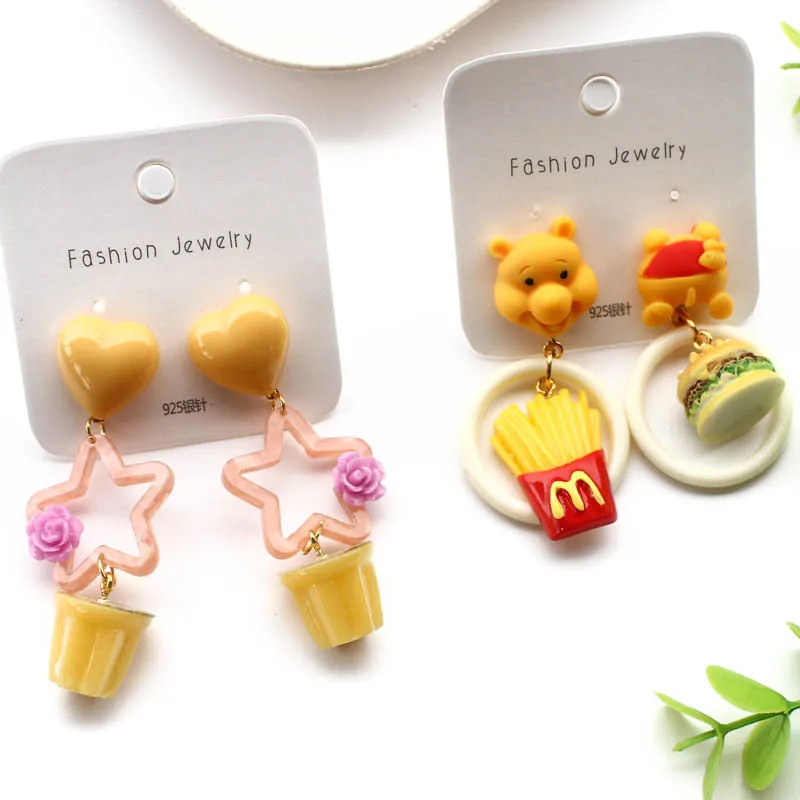 Winnie The Pooh Women Fashion Earrings Resin French Fries Hamburger Ear Decoration Cosplay Ear Pendants Gift Resin Accessories