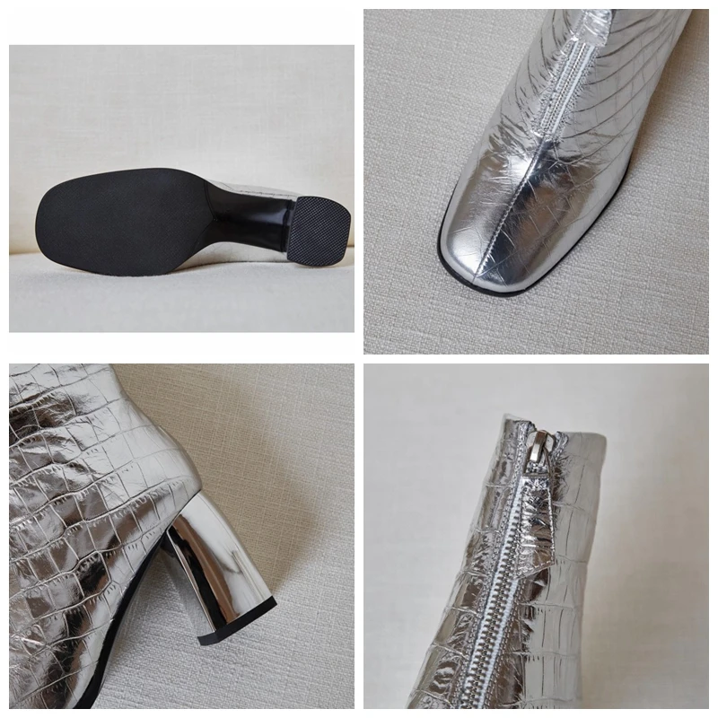 

REAVE CAT Woman Winter Ankle Boots Square Toe 7.5cm Square Heel Genuine Leather Stone pattern Zipper Size 34-39 Casual A2798