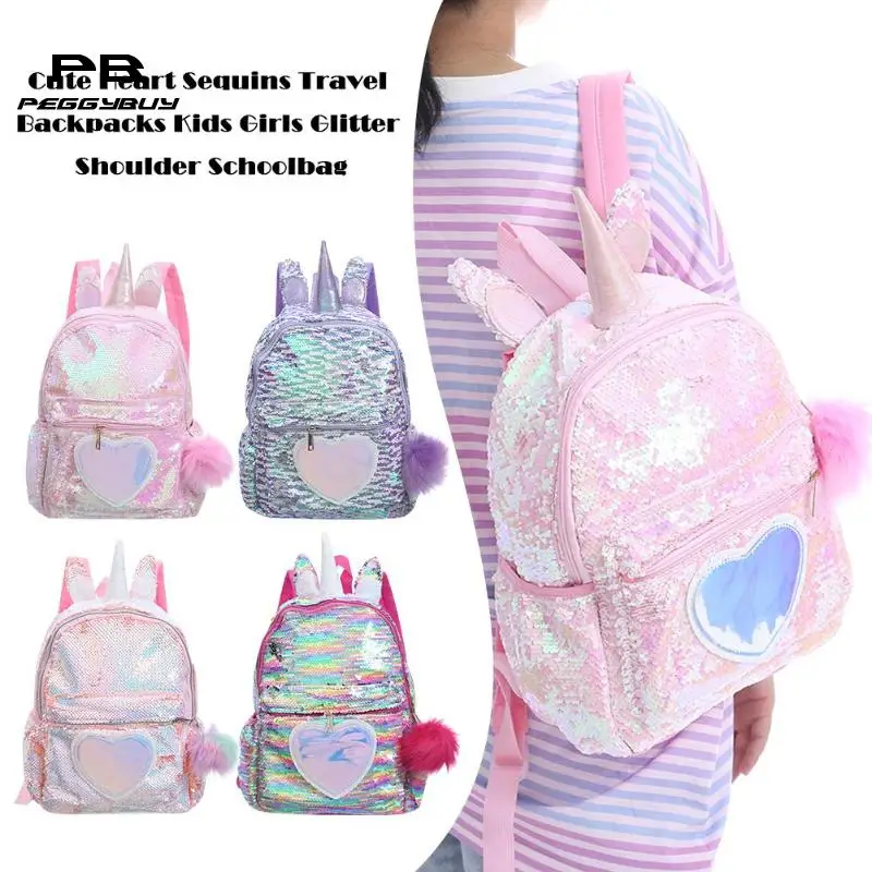 Cute Heart Sequins Travel Backpacks Kids Girls Glitter Shoulder Schoolbag
