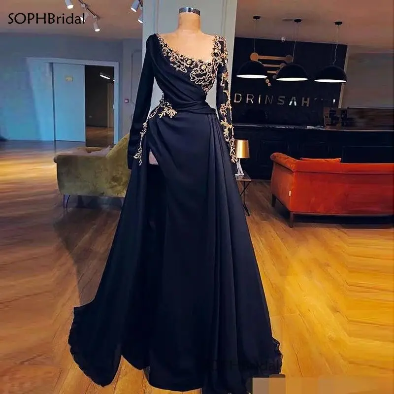 

New Arrival High Side Split Evening Dress Overskirts Appliques Lace Beads Long Sleeves Vestidos Prom Dress Women Party Robes