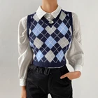 2020 корейский стиль V-образный вырез винтажный геометрический ромбик короткий пуловер-жилет топы свитер жилет осенний женский сексуальный вязаный жилет