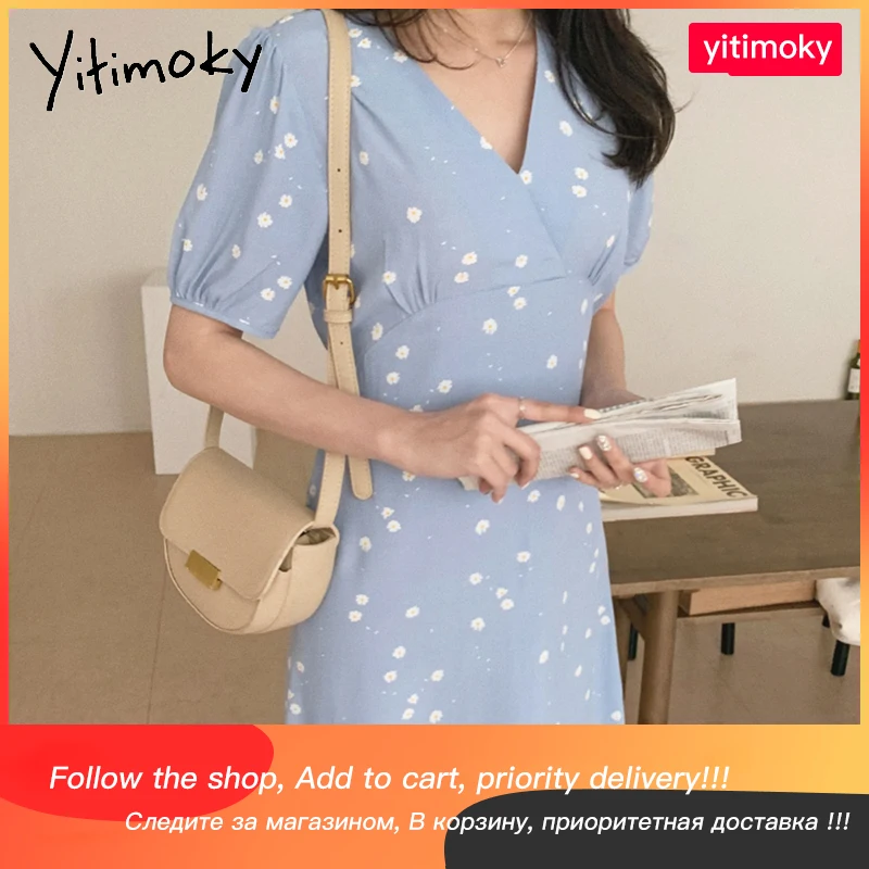 

Yitimoky Floral Woman Dress Daisy Korean Chic Short Sleeve V-Neck Clothing Fashion Spliced Casual Summer New Comfortable Dresses