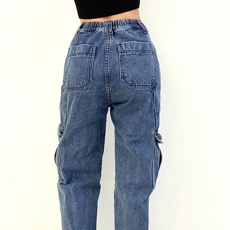 Street Wear High Waist Straight Leg Jeans Women Loose Fit Patchwork Denim Pants Black White Blue Casual Cargo Pocket Trousers