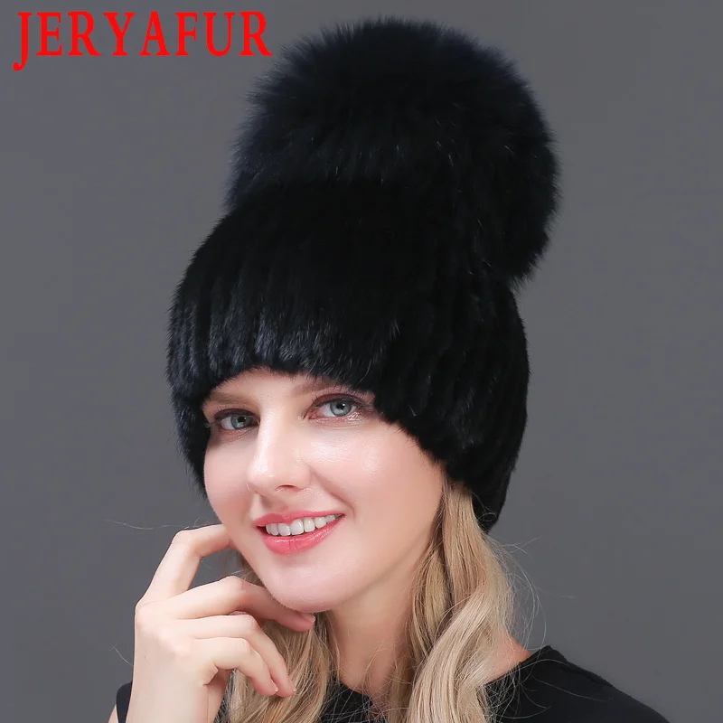 

Real nerz hut für winter frauen frautiert gestrickte nerz cappe mit fuchs pelz 2019 neue heisse verkauf hohe qualitaliyat frauen mumt