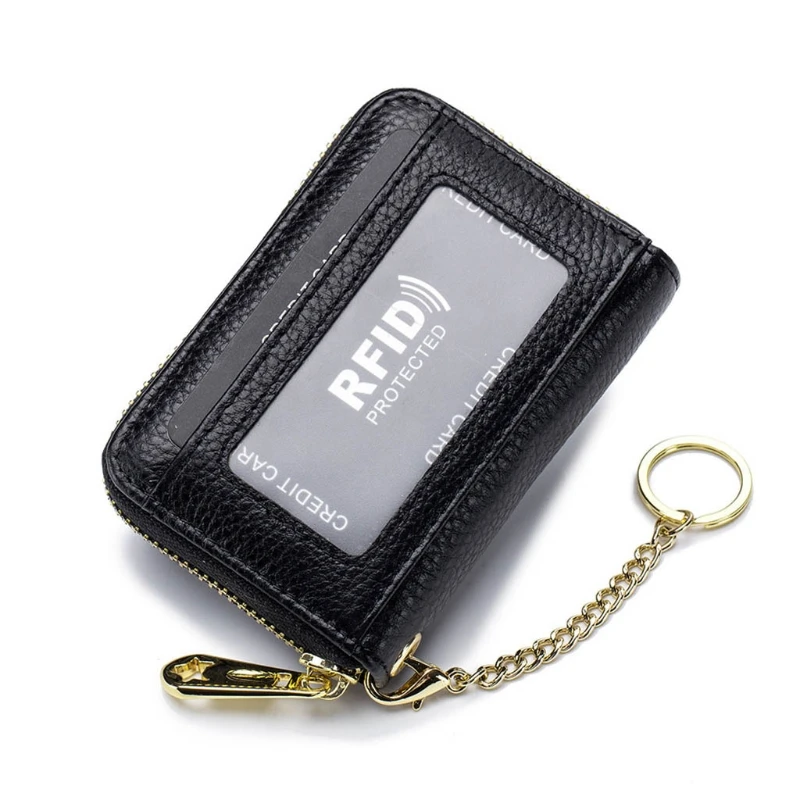 

Leather Credit Card Wallet RFID Zipper Pocket with Removable Keychain Coin Purse Case Pouch Holder