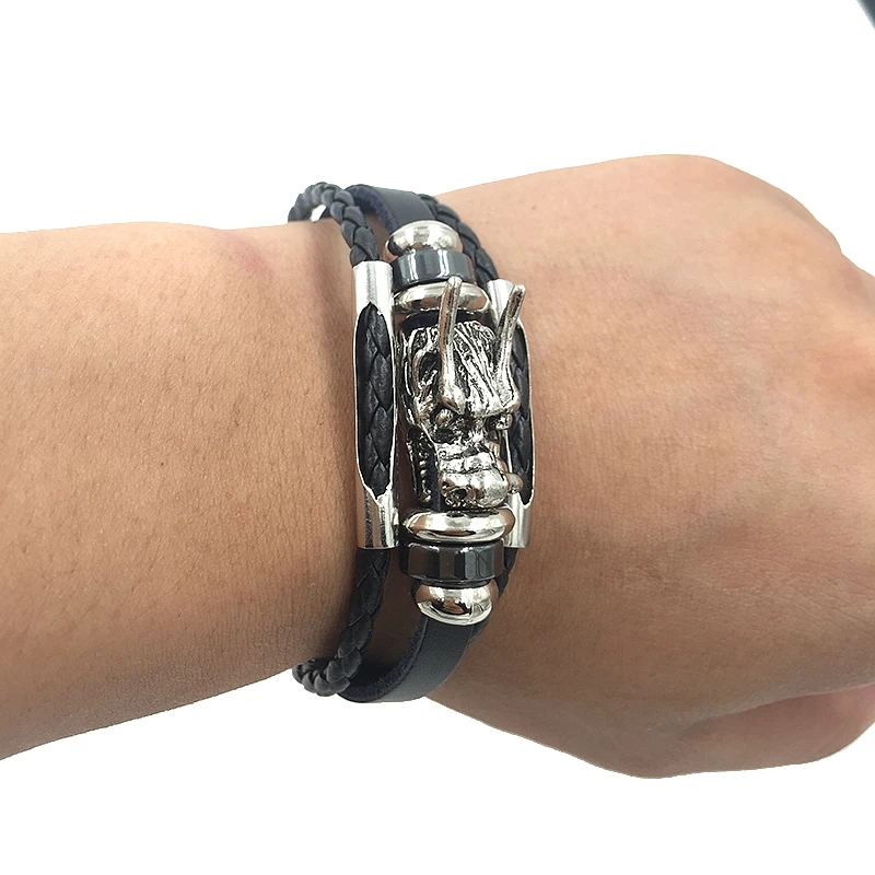 Мужской кожаный браслет тибетский серебристый цвет винтажный многослойный с