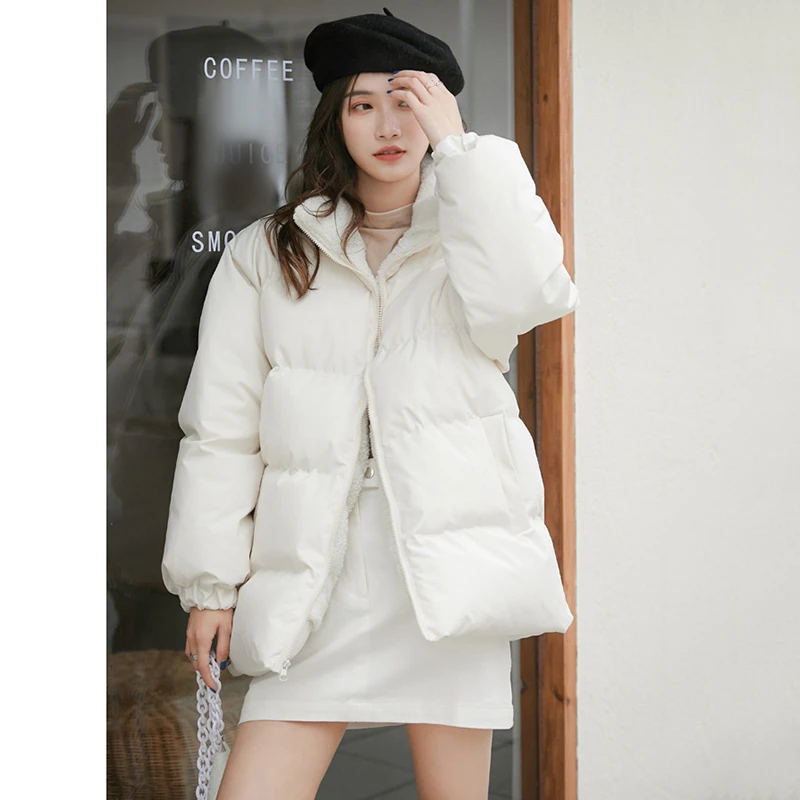 

2020 Winter Stand Collar Large Size Zipperfly Warm Two Face Wear Wool Black Patchwork Cotton Padded Coat Women D035