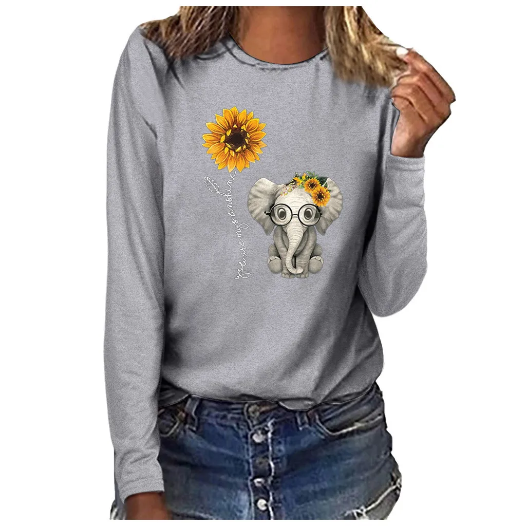 Женская футболка с длинным рукавом и круглым вырезом принтом в виде слона