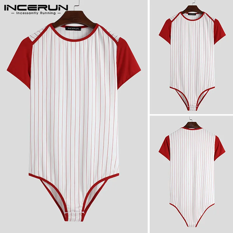 

Мужские лоскутные комбинезон топы INCERUN 2021 Мода Полосатый боди футболки с короткими рукавами, для мальчиков комбинезон с круглым вырезом ...