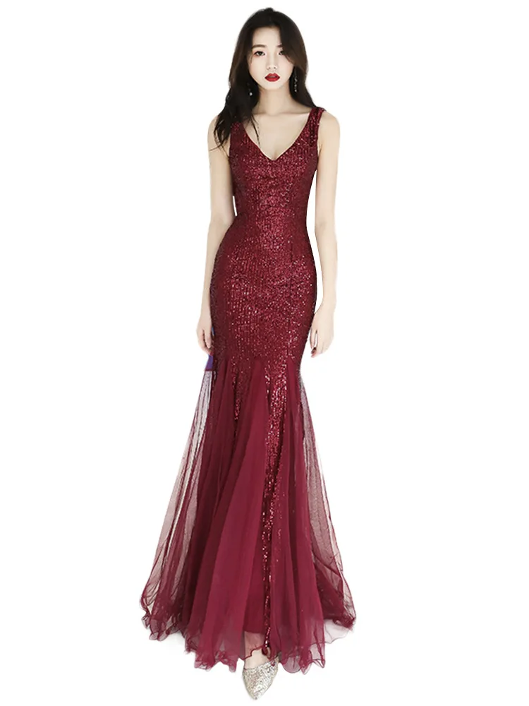 

Beading Mermaid Party Dress Women V-Neck Cheongsam Sleeveless Floor-Length Wedding Qipao Noble Elegant Long Banquet Gown Vestido