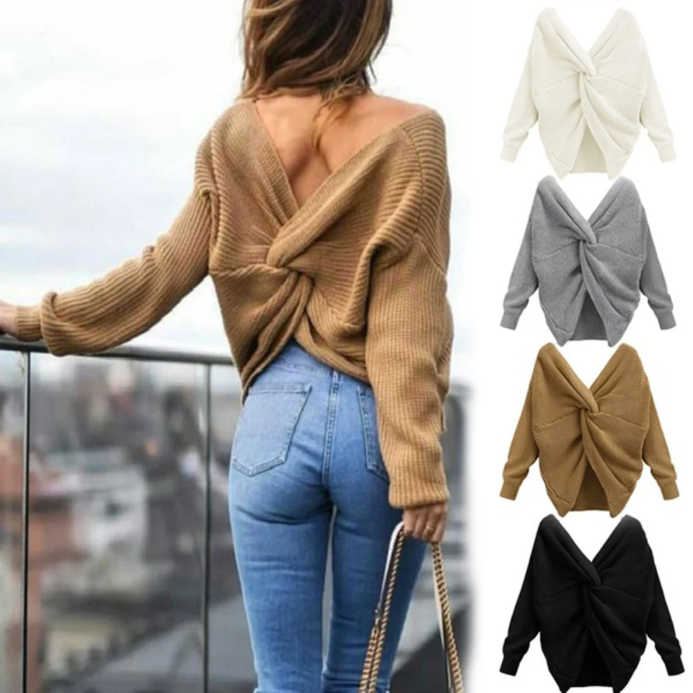 New Sexy Solid Color V Neck Twisted Back Knot Sweater Women Long Sleeve Jumper Pullover One Size Loose Warm Hand-wash | Женская одежда