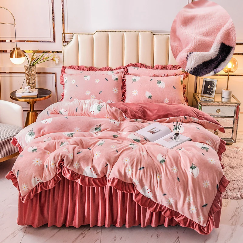 

Flannel 4pcs Bedding Set Ruffle Duvet Cover Bed Skirt Princess Bedspread Bedlinen Keep Warm Bedsheet Velvet Pillowcases Flat Bed