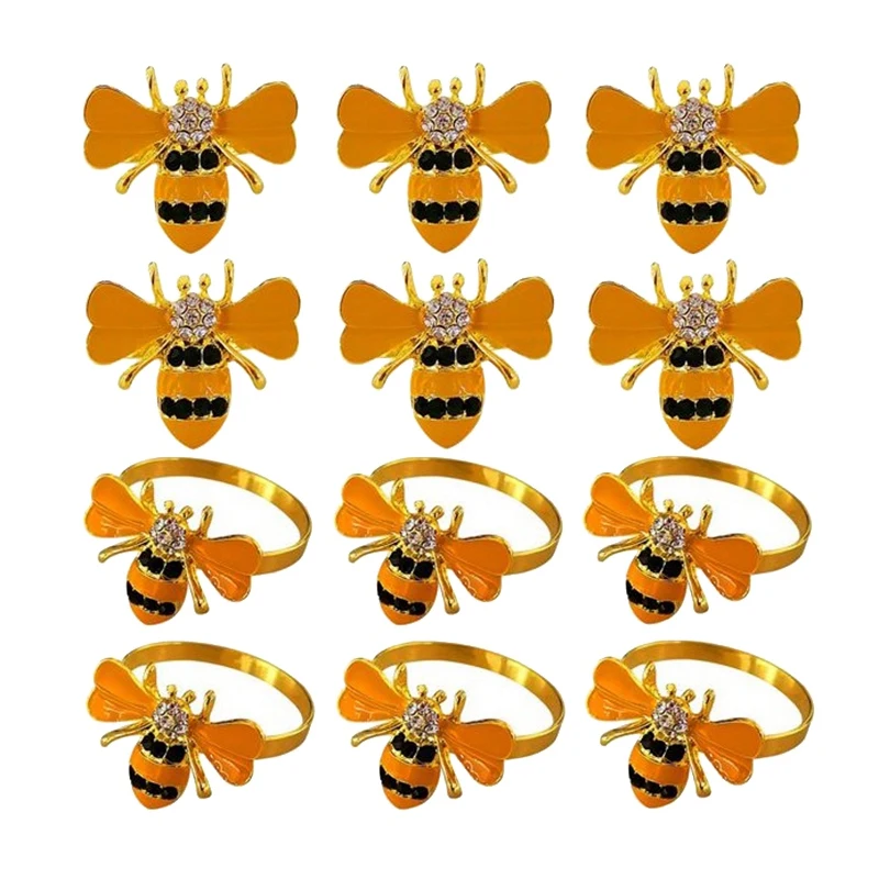 

12Pcs Beautiful Bee-Shaped Napkin Ring, Napkin Ring with Oil Drops and Diamonds,Table Decoration