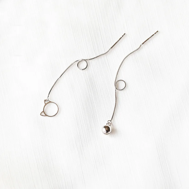 Асимметричные серебряные цветные милые длинные висячие серьги с кошками