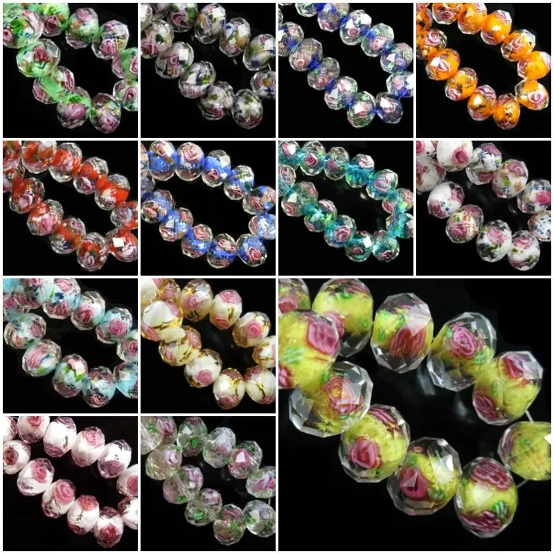 

8mm/10mm/12mm 20pcs Rondelle Faceted Glass Crystal Rose Flower Inside Lampwork Beads Spacer for DIY Crafts Jewelry Making