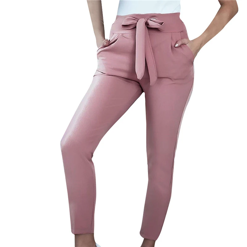 

Women Spring Summer Calf Length Pants High Waist Pockets Lace Up Ladies Solid Color Casual Trousers
