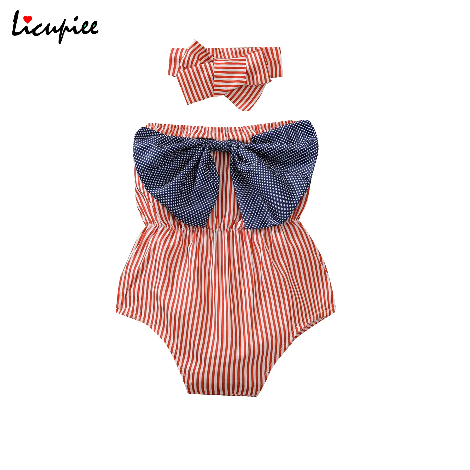 

0-24 Months Baby Romper with Headband Kids Girls Striped Sleeveless Strapless Bodysuit+ Headwear for Summer Fall