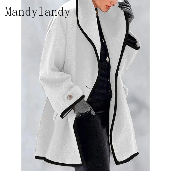 

Mandylandy Woolen Coat Women's Solid Color Loose Single Button Coat Spring Autumn Long Sleeve Turn-down Collar Woolen Coat