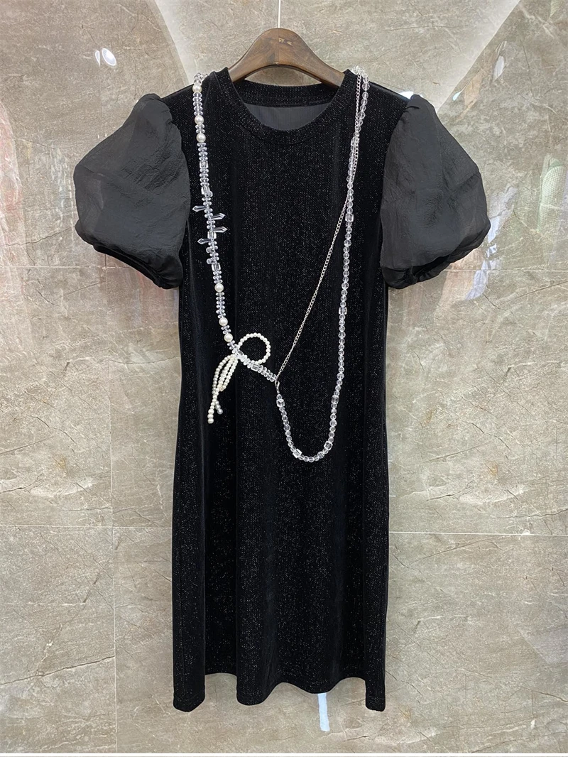 

High Quality Brand New Autumn Winter Dress 2021 Fashion Runway Women Crystal Beading Deco Puff Sleeve Black Velvet Dress Vintage