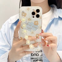 korean 3d flowers wrist strap chain phone case for iphone 11 12 pro max xs max xr 8 7 plus 12mini transparent bumper back cover