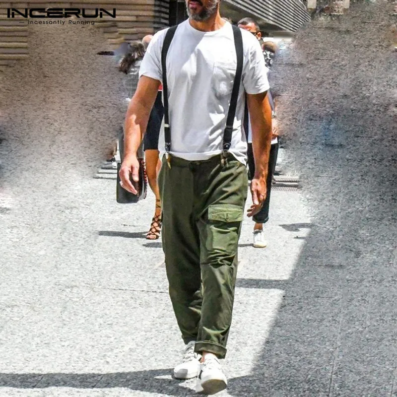 Модные мужские брюки карго однотонные 2019 свободные карманы ромперы на пуговицах