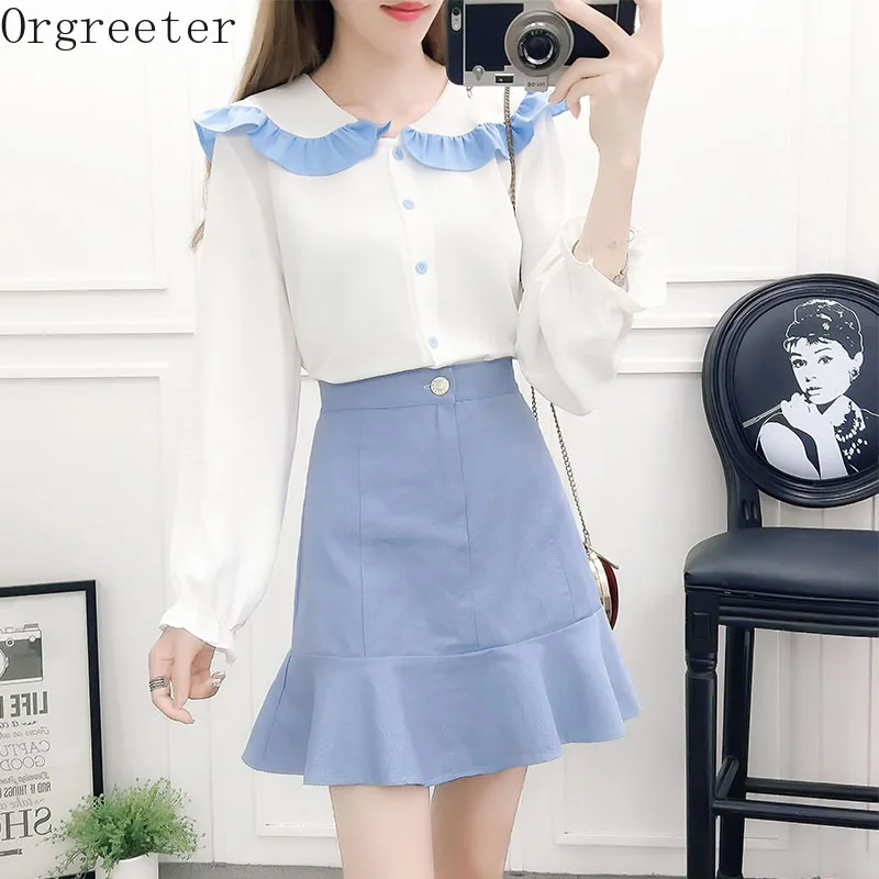 

Preppy Style 2021 Spring Sweet Peter pan collar Ruffles Chiffon Shirt + Imitation Denim Blue Mermaid Mini Skirt 2 Piece Suit