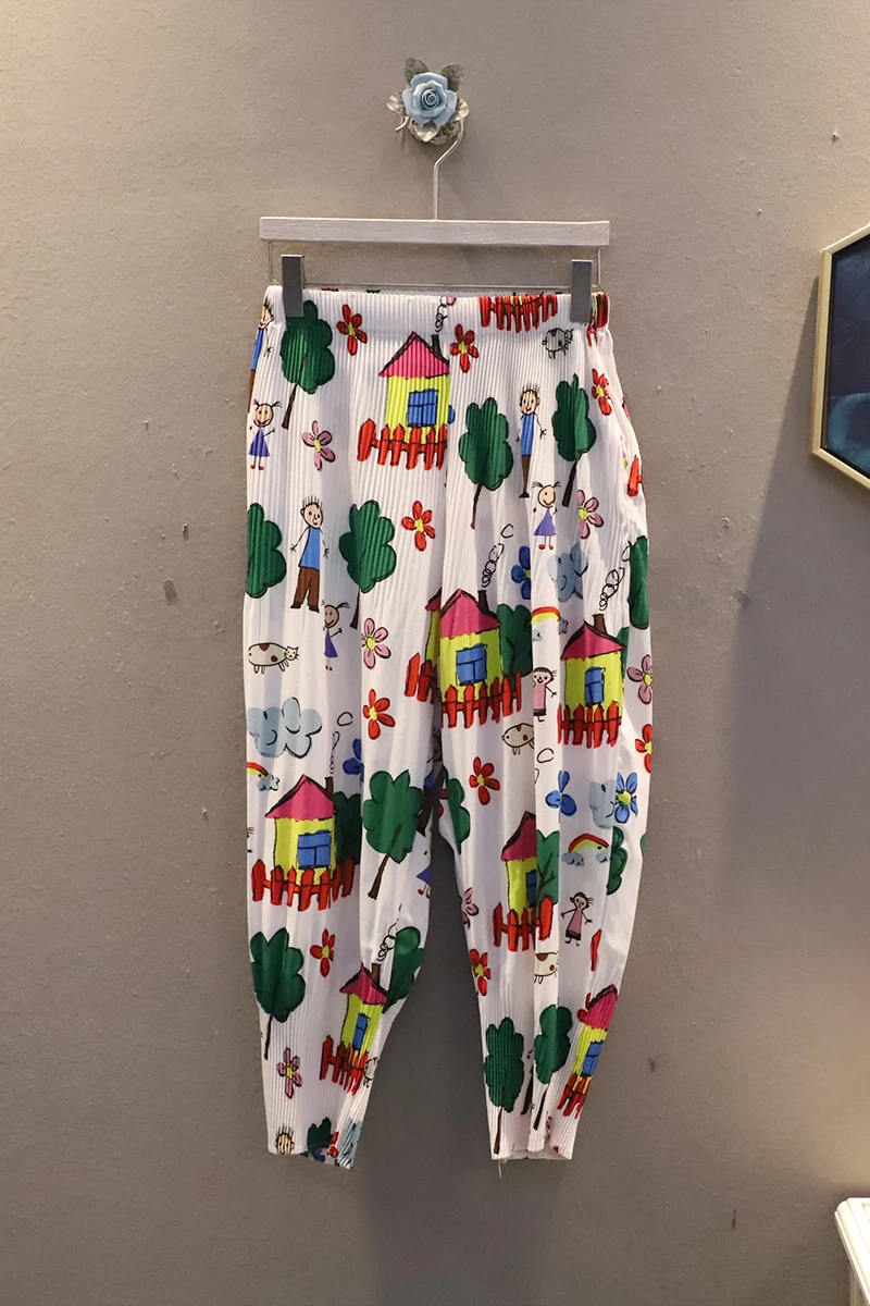 

QING MO White Black Women Cartoon Pants 2021 Newest Women Summer Pleated Pants Female High Waist Harem Pants ZQY7333