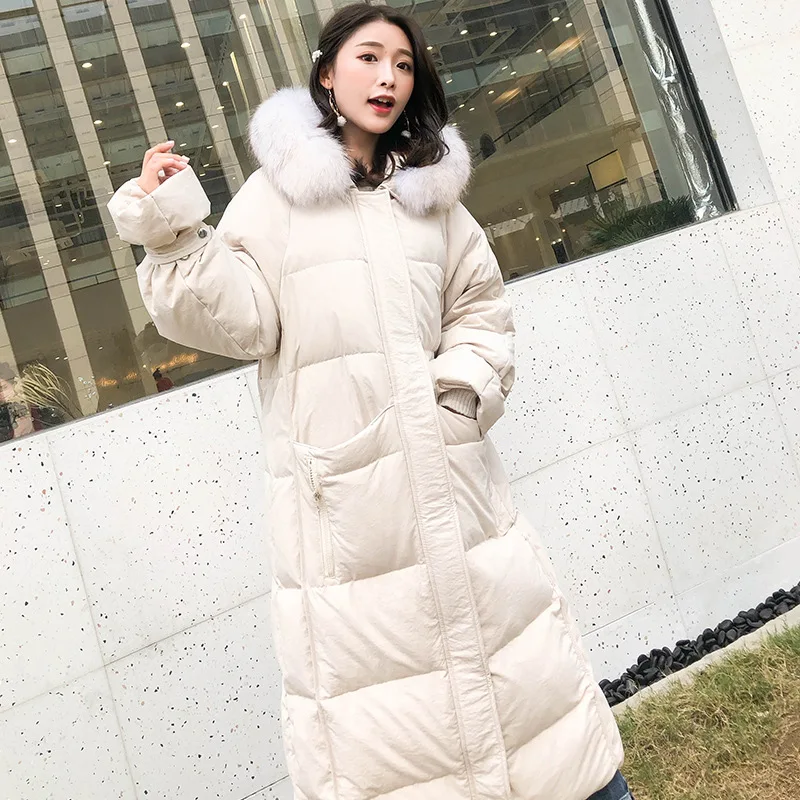 white artificial fur LUZUZI женский белый пуховик X-long Зимний плотный свободный большой воротник из натурального меха енота с капюшоном зимний пуховик женский - Цвет: white artificial fur
