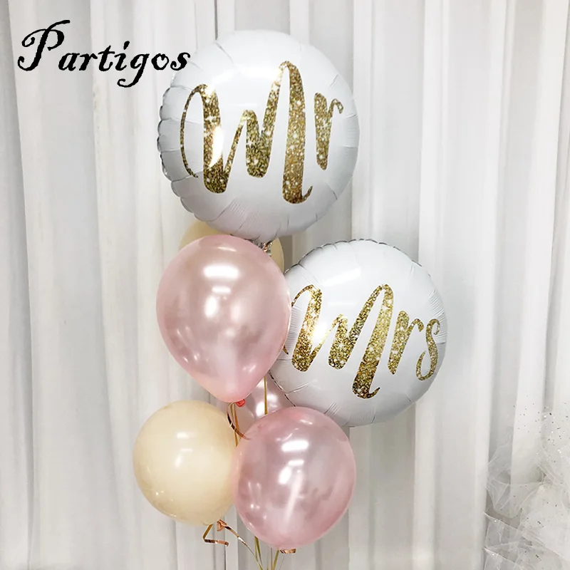 

2pcs 18inch Round White Gold Glitter Print Mr&Mrs LOVE Balloons Bride Marriage Wedding Valentine's Day Event Air Globos Supplies