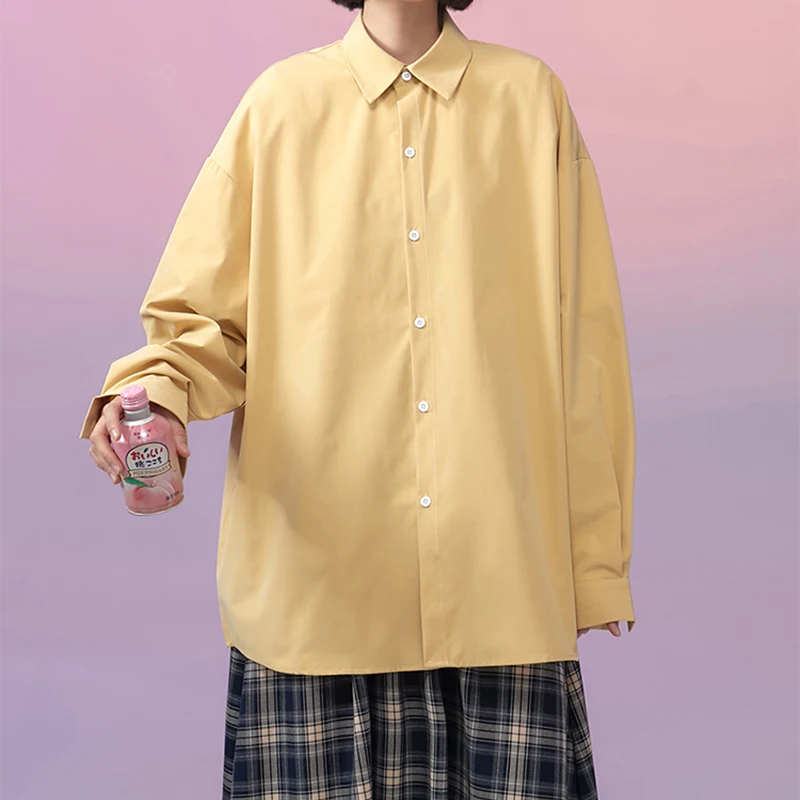 

Oversized Shirt Women Single Breasted Long Sleeved Shirt Casual Solid Turn Down Collar Blouse Autumn Cotton Loose Thick Tops