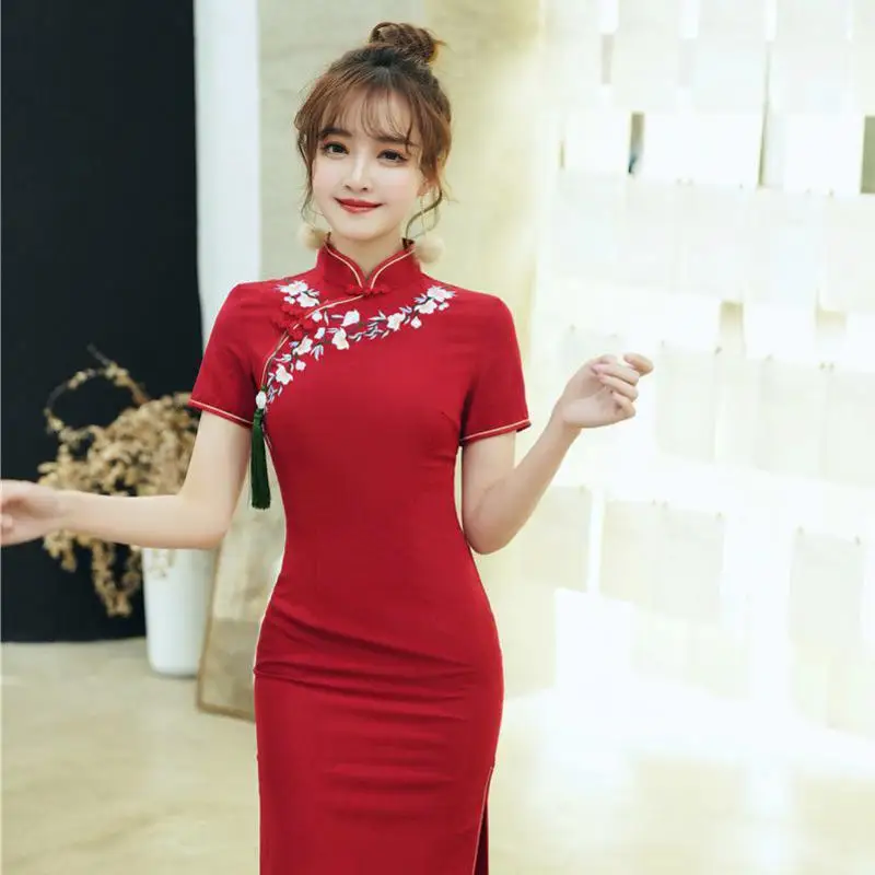 Платье-Ципао женское из хлопка и льна пикантное классическое элегантное