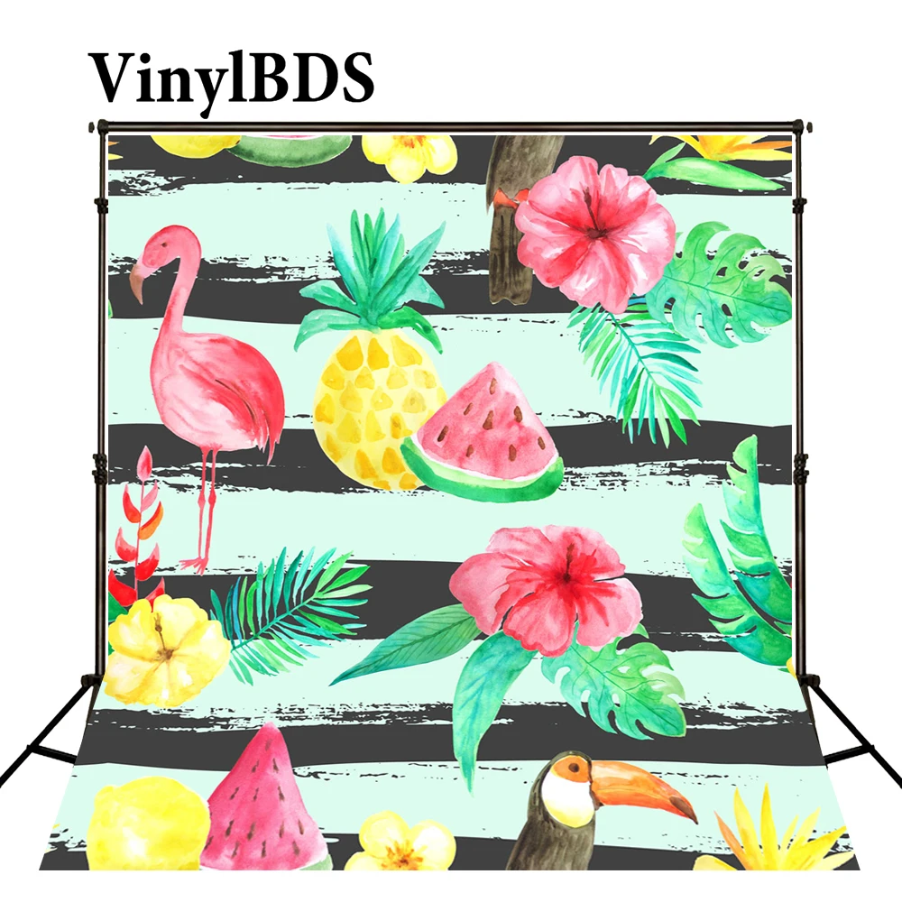 

VinylBDS Children Flower Photography Backdrops White Black Stripe Flamingo Backdrop Kids Cartoon Watermelon Pineapple Backdrop