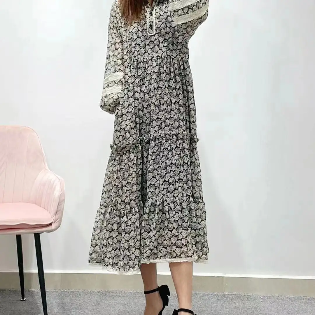 

2021 early spring super fairy sweet Lace Baby collar with ruffle floral long loose and slim dress