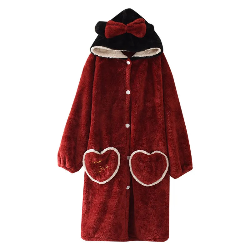 

Womens Flannel Robes Hooded Lengthened Nightgown Pajamas Cute Coral Fleece Warm Thickened Velvet Winter Bathrobe Sleepwear Women