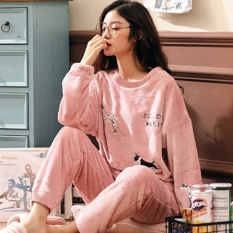 Новый осень-зима Для женщин коралловый флис Пижама комплект с длинным рукавом
