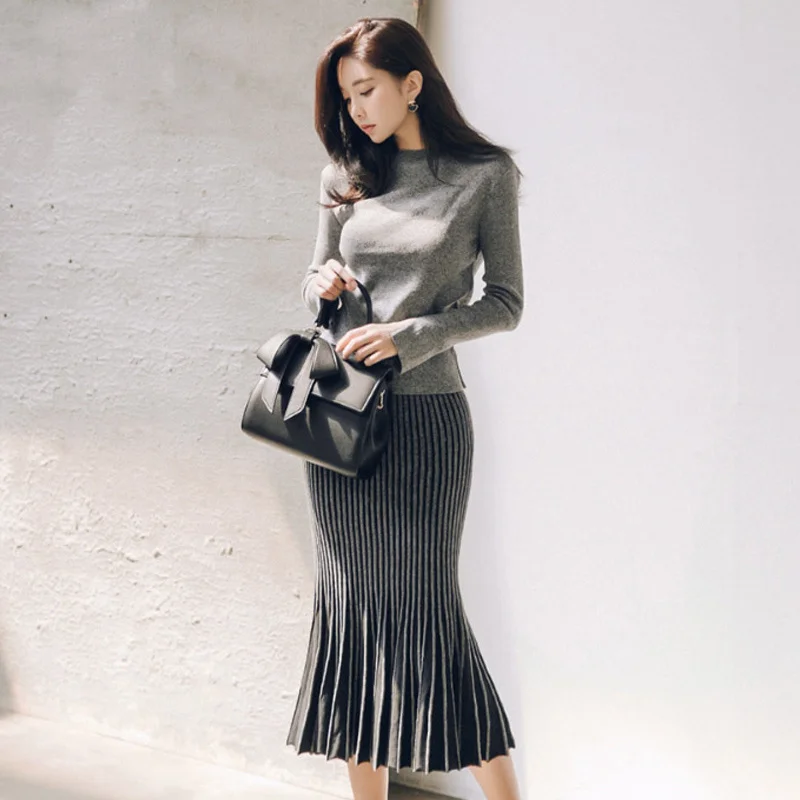 Новинка Осень-Зима вязаная юбка рыбий хвост в Корейском стиле комплект из двух