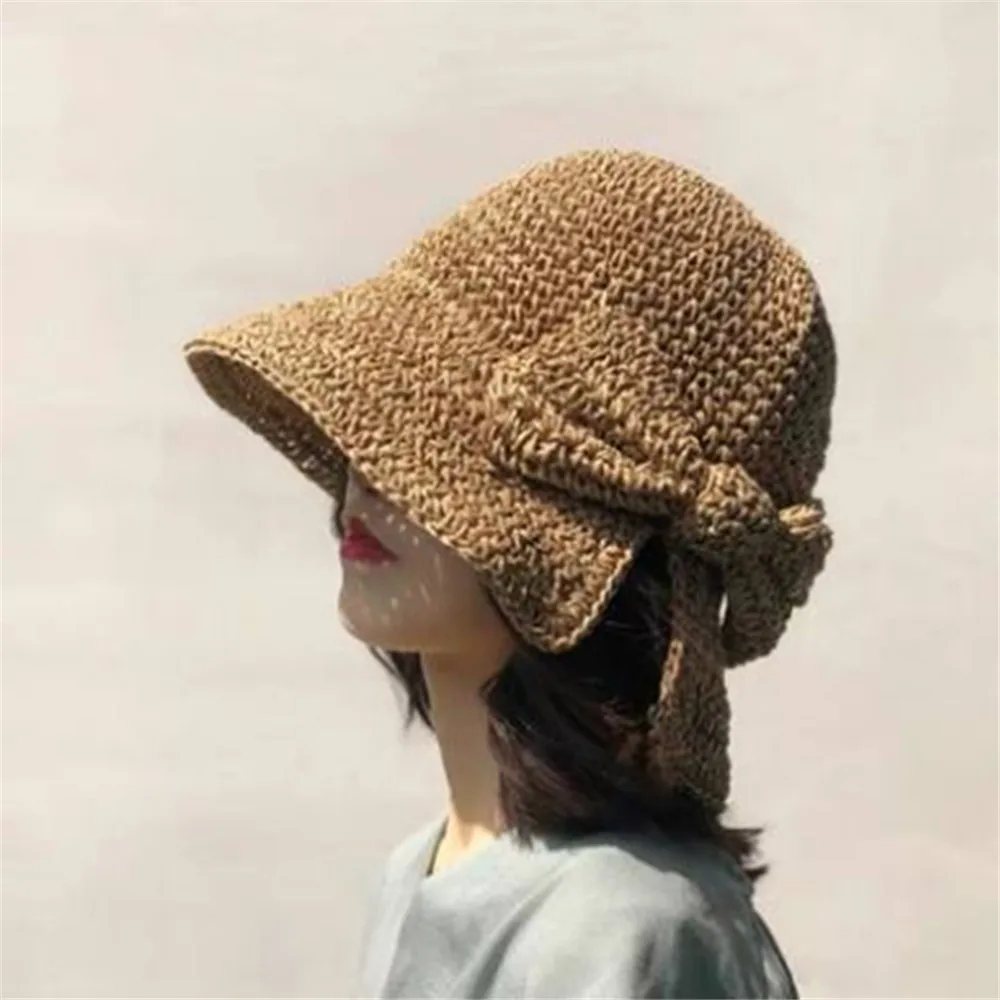 

Bow Straw Sun Hat Wide Brim Floppy Summer Hats For Women Beach Panama Straw Dome Bucket Hat Femme Shade Hat