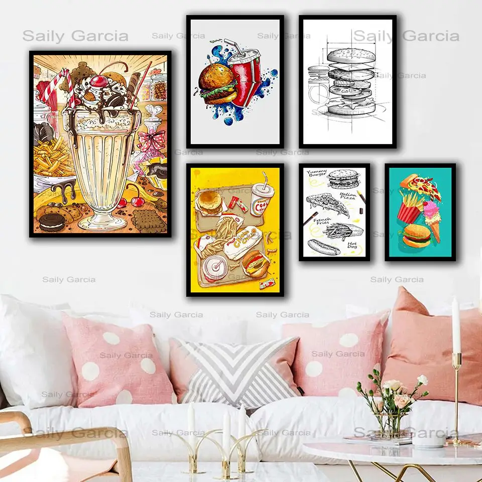 

Nordic Style Posters Home Decor Wall Art Food Hamburg Coke Pizza Canvas Painting Kitchen Decoration Modern Modular Pictures