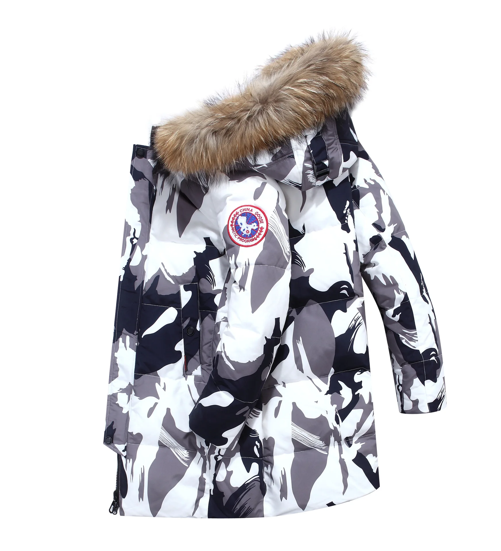Мужской длинный пуховик камуфляжной расцветки зимнее толстое пальто с меховым