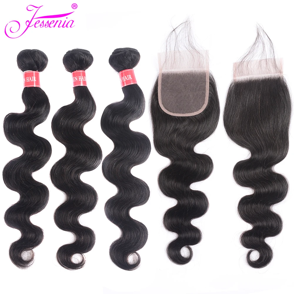 Объемная волна 3 пучка s с закрытием перуанские пучки волос Remy человеческие